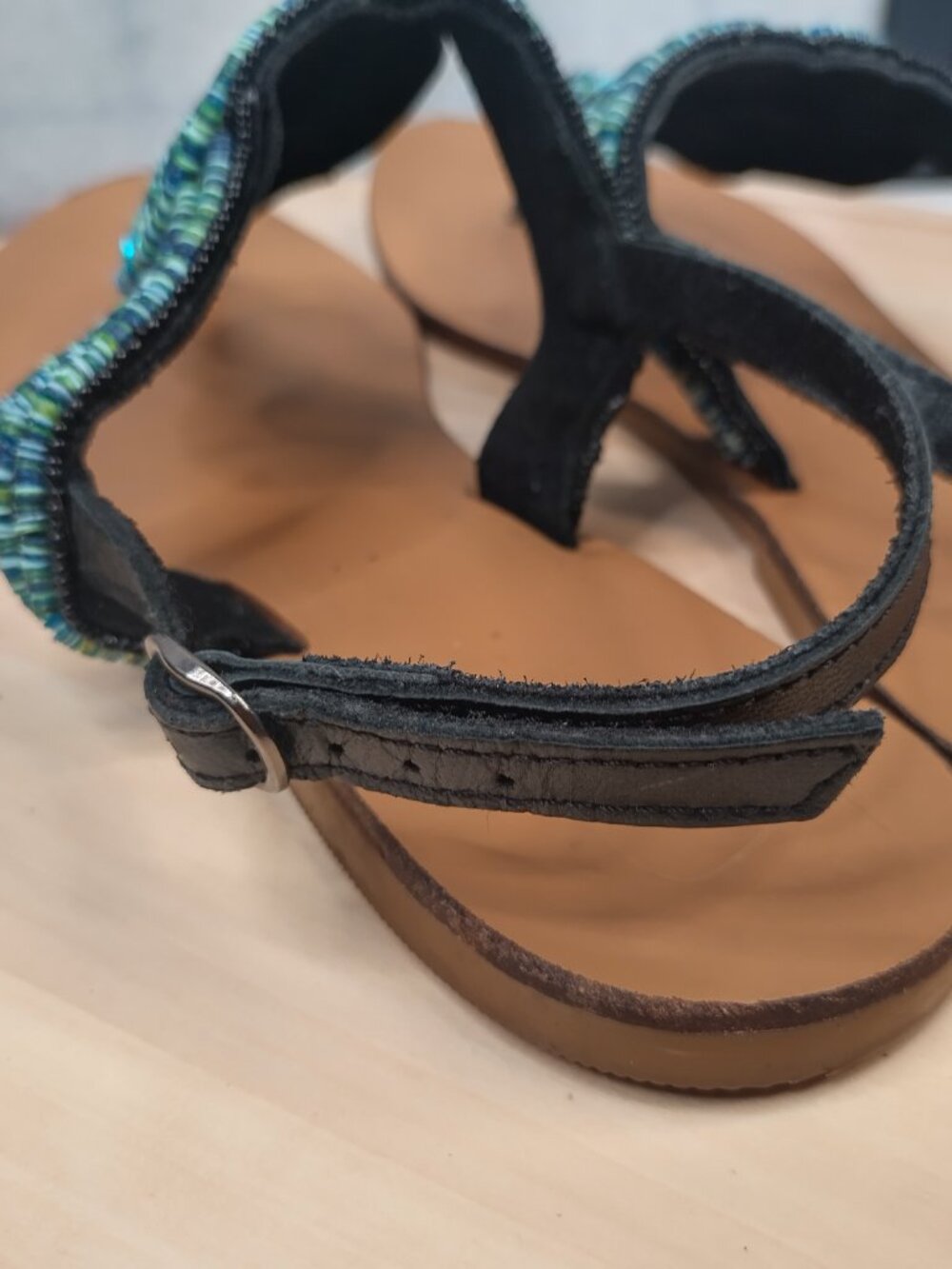 Sandals Blue & Green Beaded Leather Thong Strap Sandals Women US 9 - Picture 7 of 13